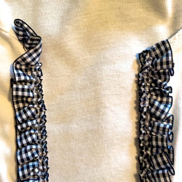 Long sleeve open front lightweight cotton T-shirt/sweater w/ front blk/wh ruffle - Picture 2 of 3